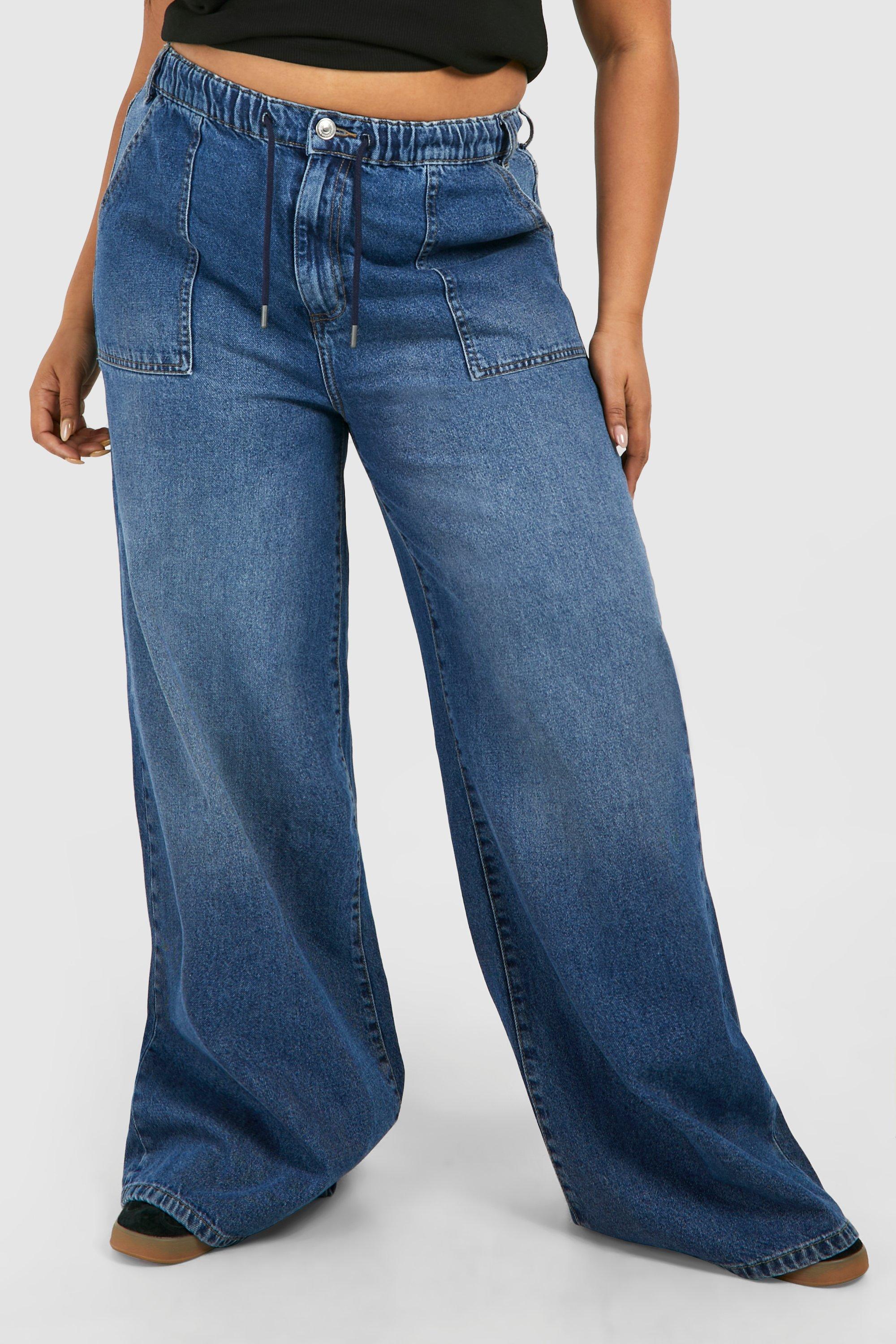 Plus Elasticated Waistband Wide Leg Jeans | boohoo USA